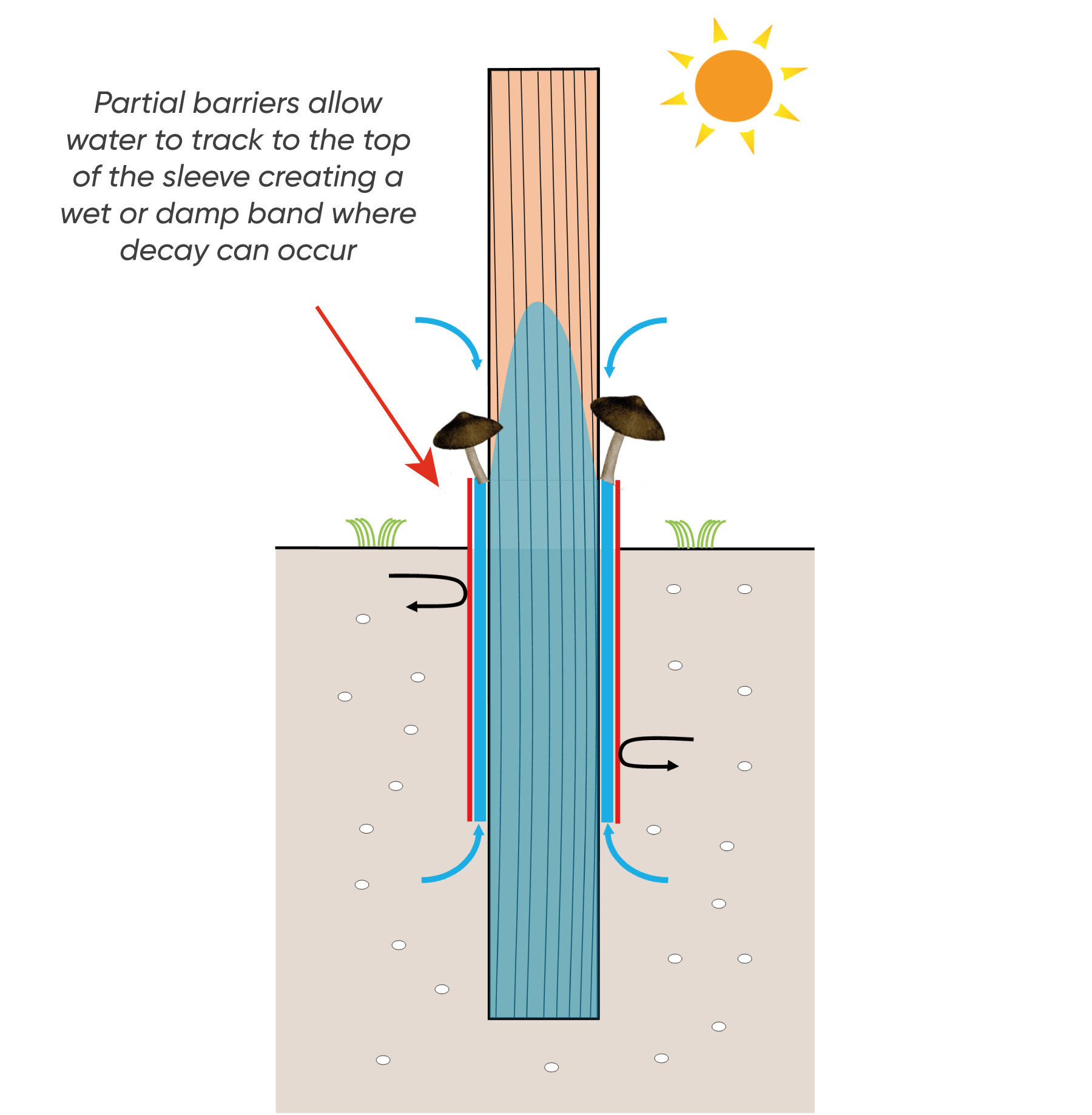 Image-showing-partial-barrier-system Image showing the effects of moisture when using a partial barrier sleeve system on a wooden utility pole