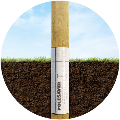Polesaver-Sleeved-Pole-at-Ground-Level-CIRCLE Polesaver Sleeve shown applied to a pole in the ground